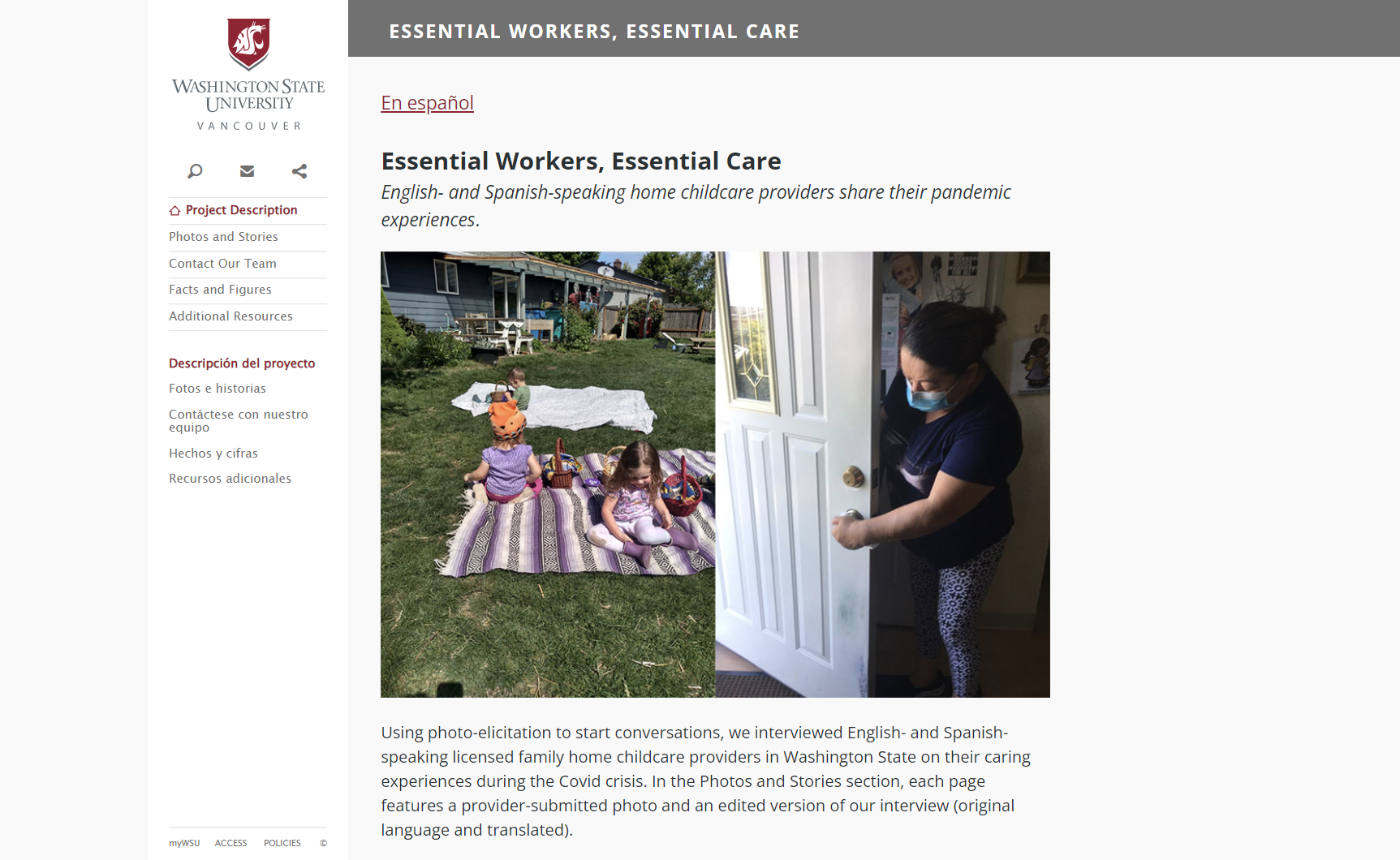 Image of a website titled Essential Workers, Essential Care