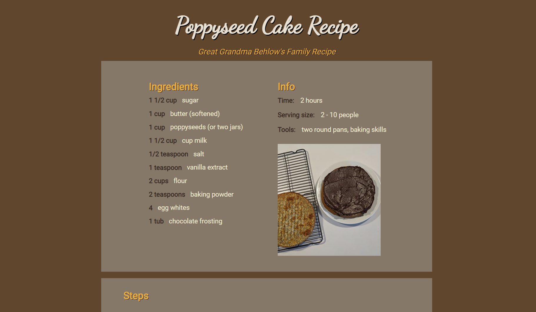 Image of a website containing a recipe for Poppyseed Cake